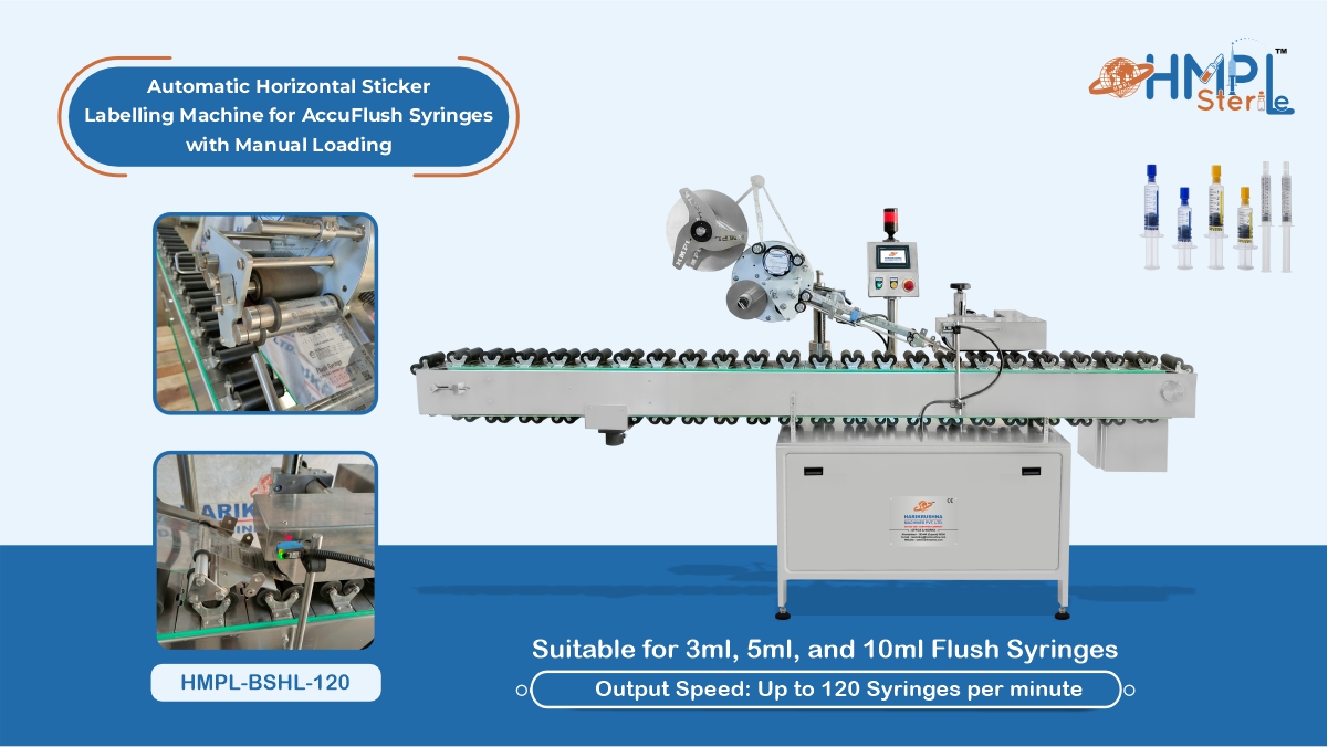 Automatic Horizontal Sticker Labelling Machine for AccuFlush Syringes with Manual Loading